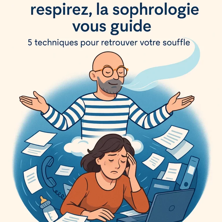 Illustration d’un homme chauve en marinière soufflant une brise apaisante vers une femme débordée entourée de papiers, téléphone et ordinateur, symbolisant la sophrologie comme aide face à la charge mentale et à l’anxiété.