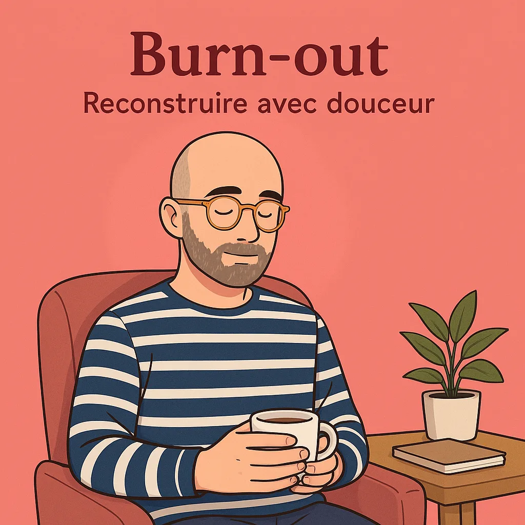 Homme chauve avec lunettes rondes jaunes et marinière, assis dans un fauteuil rose, tenant une tasse chaude. Expression calme et fatiguée. Fond rose chaud. Illustration évoquant le burn-out et la récupération douce.