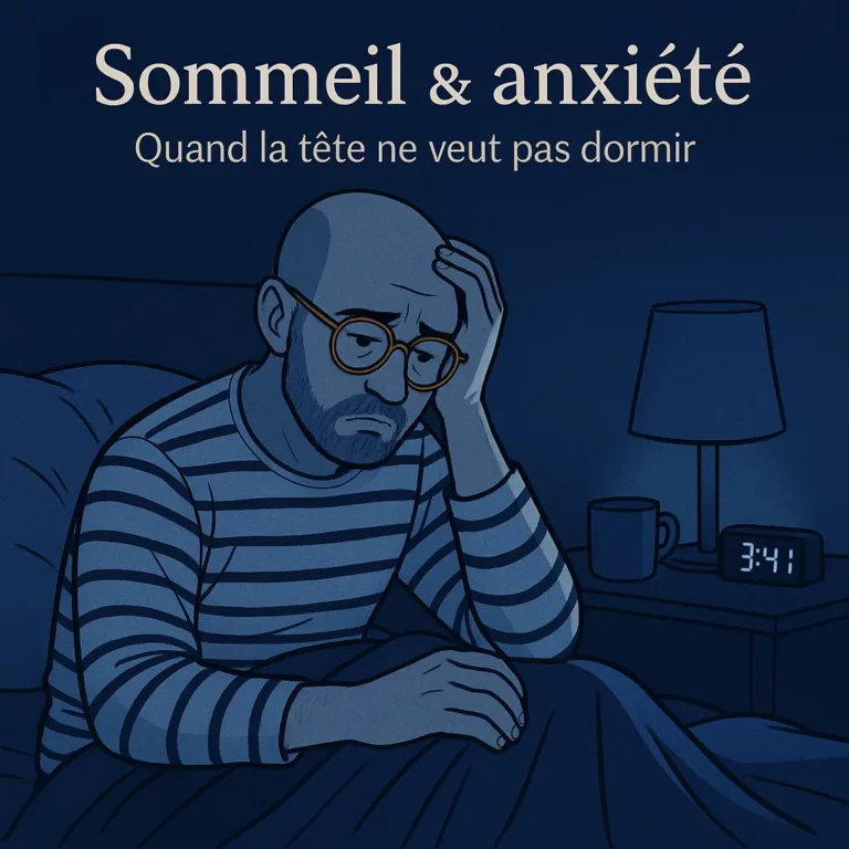 Homme chauve en marinière assis au bord du lit en pleine nuit, l’air anxieux et fatigué. Fond bleu très foncé, réveil indiquant 3h41, lumière faible. Illustration symbolisant l’anxiété et les problèmes de sommeil qui empêche de dormir.