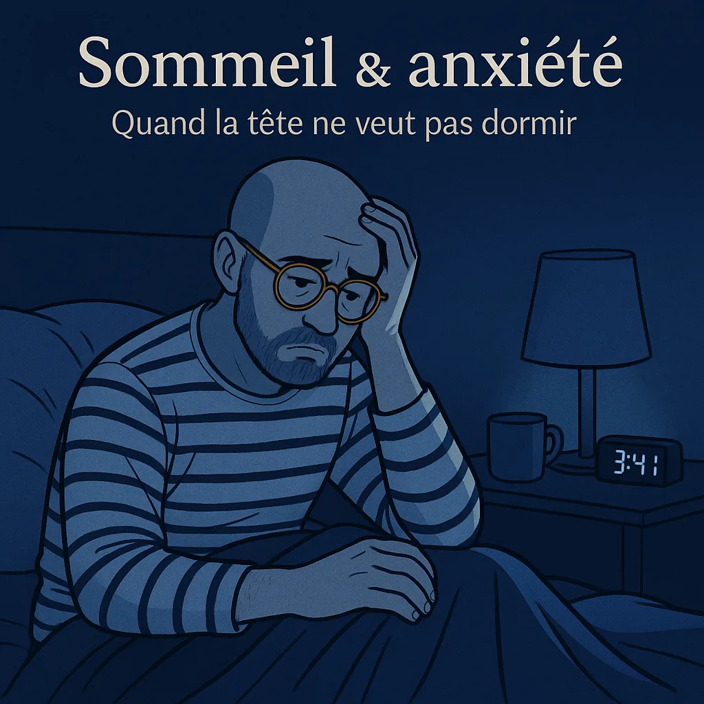 Homme chauve en marinière assis au bord du lit en pleine nuit, l’air anxieux et fatigué. Fond bleu très foncé, réveil indiquant 3h41, lumière faible. Illustration symbolisant l’anxiété qui empêche de dormir.