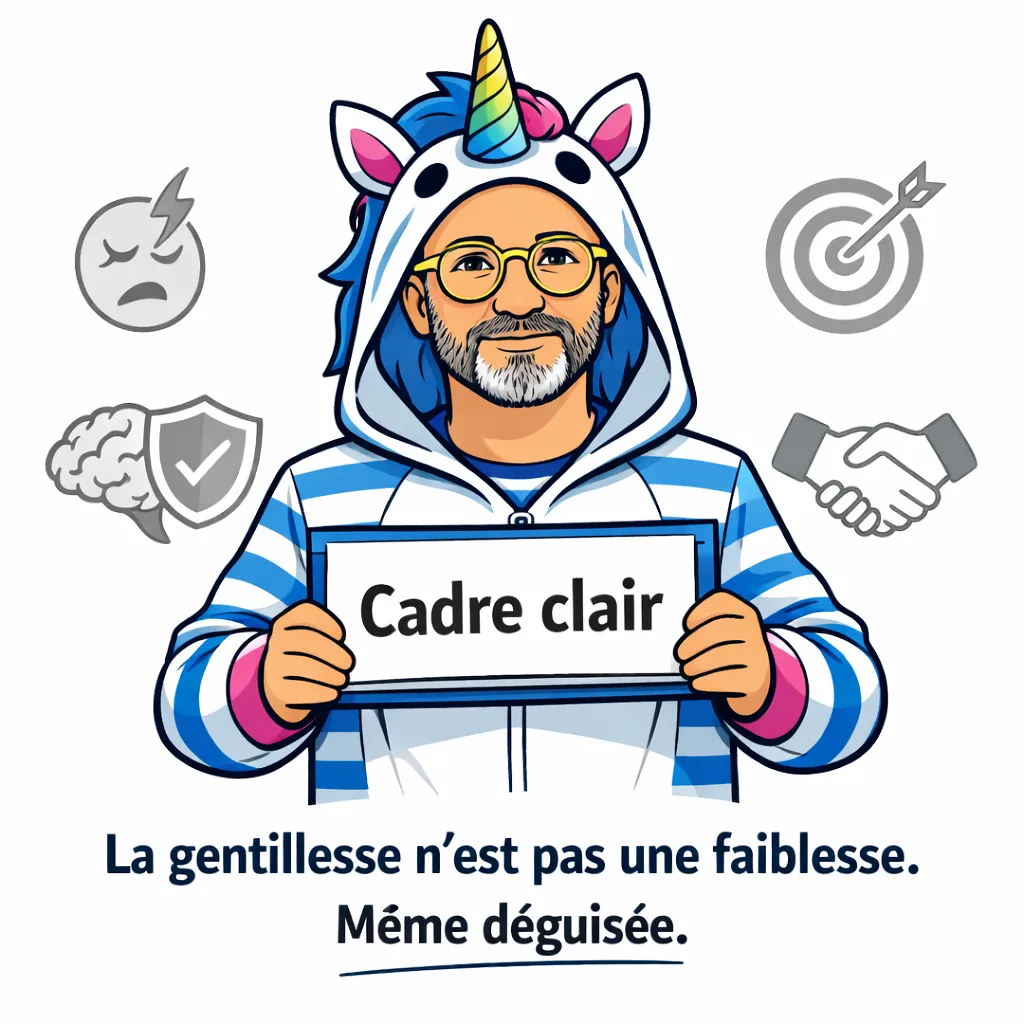 Avatar de Cédric Maillot-Juillet en costume de licorne à rayures tenant un panneau « Cadre clair », illustrant la gentillesse comme une compétence forte en management.